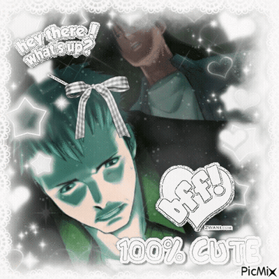 A Picture Of A Man With A Bow On His Head And The Words Hey There What 'S Up 100 % Cute GIF
