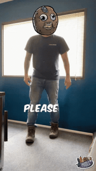 A Picture Of A Man With A Cartoon Face On His Head And The Words Please Below Him GIF
