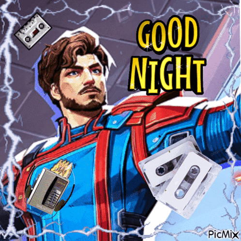A Picture Of A Man With A Cassette Tape And The Words Good Night GIF