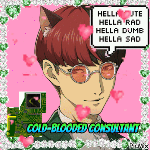 A Picture Of A Man With A Cat Ear And Glasses With The Words Cold-Blooded Consultant Below Him GIF