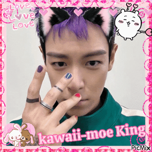 A Picture Of A Man With A Cat Ear And The Words Kawaii-Moe King GIF