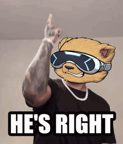 A Picture Of A Man With A Cat Head And The Words He 'S Right Below Him GIF