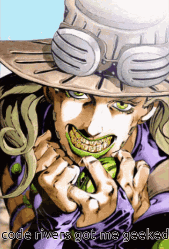 A Picture Of A Man With A Cowboy Hat And Goggles With The Words Code Rivers Got Me Geeked GIF
