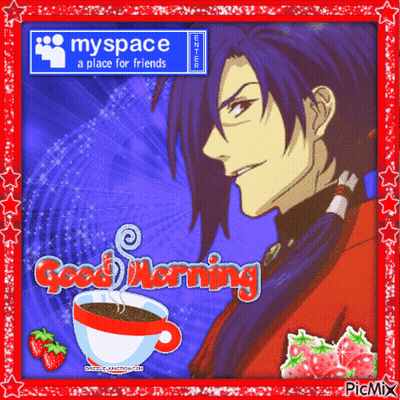 A Picture Of A Man With A Cup Of Coffee And Strawberries Says Good Morning GIF