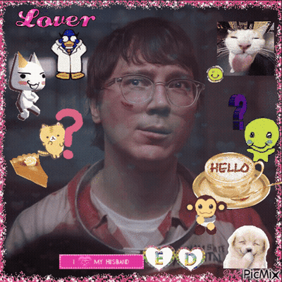 A Picture Of A Man With A Cup Of Coffee That Says Hello On It GIF