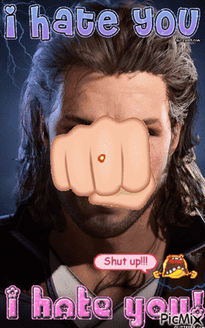A Picture Of A Man With A Fist And The Words " I Hate You " On The Bottom GIF