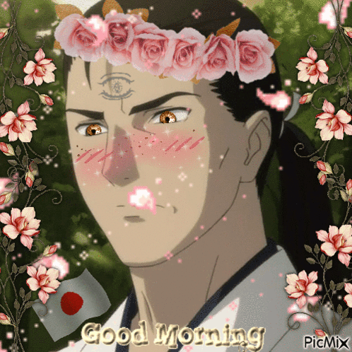 A Picture Of A Man With A Flower Crown And The Words Good Morning GIF