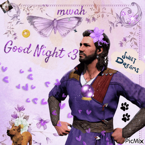 A Picture Of A Man With A Flower In His Hair That Says Good Night Sweet Dreams GIF