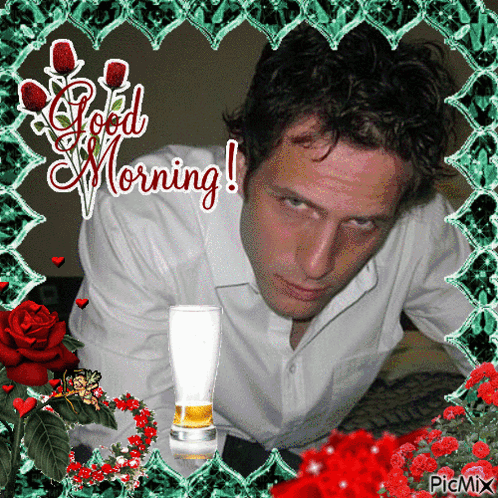 A Picture Of A Man With A Glass Of Beer And The Words Good Morning Written On It GIF