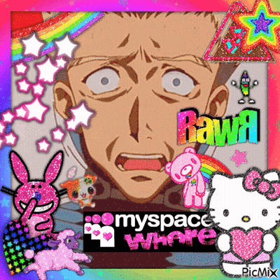 A Picture Of A Man With A Hello Kitty And A Rainbow Behind Him With The Words Myspace Where GIF