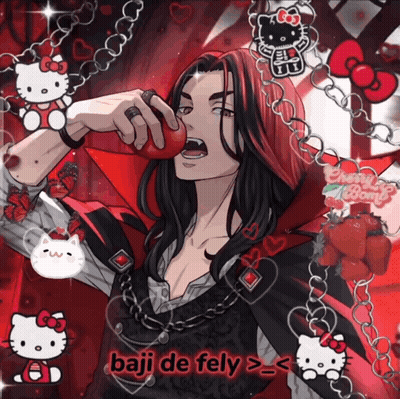 A Picture Of A Man With A Hello Kitty And Cherry Bomb Necklace GIF