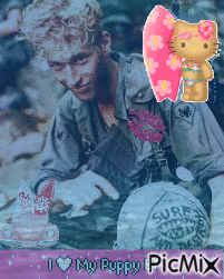 A Picture Of A Man With A Hello Kitty And The Words I Love My Puppy GIF