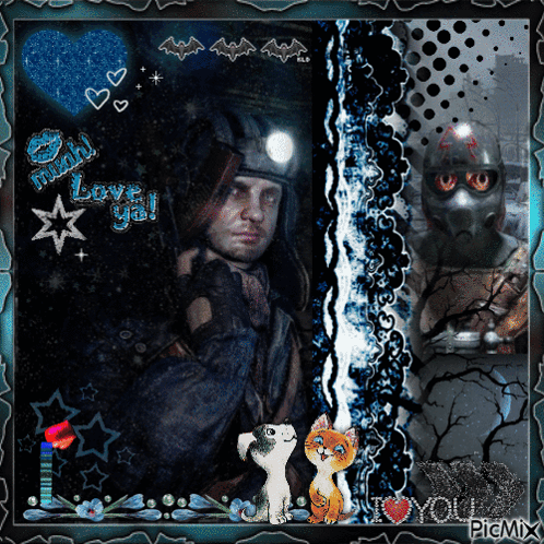 a picture of a man with a helmet and a cat with the words i love you at the bottom