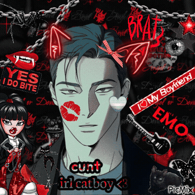 A Picture Of A Man With A Kiss On His Face And The Words " Cunt In Catboy " On The Bottom GIF