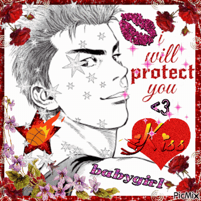 A Picture Of A Man With A Kiss On His Face And The Words " I Will Protect You " On The Bottom GIF