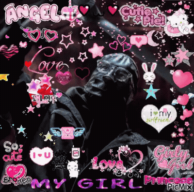 A Picture Of A Man With A Mask Surrounded By Pink And Purple Hearts And The Words Angel And Cutie Pie GIF