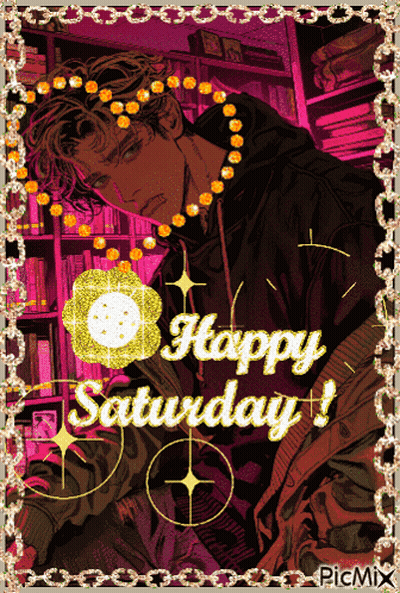 A Picture Of A Man With A Necklace And The Words Happy Saturday GIF