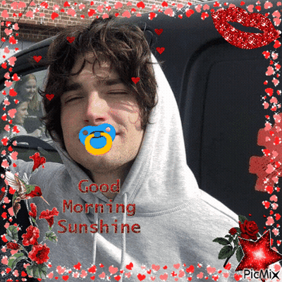 A Picture Of A Man With A Pacifier In His Mouth And The Words Good Morning Sunshine On The Bottom GIF