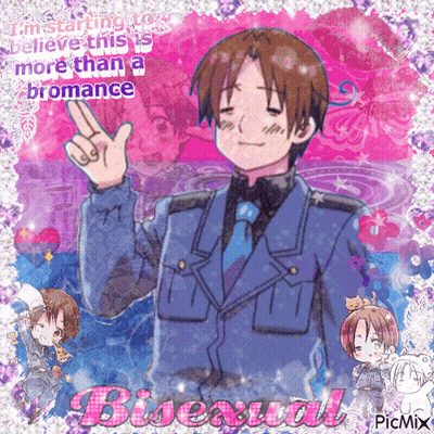 A Picture Of A Man With A Peace Sign And The Words Bisexual On The Bottom GIF