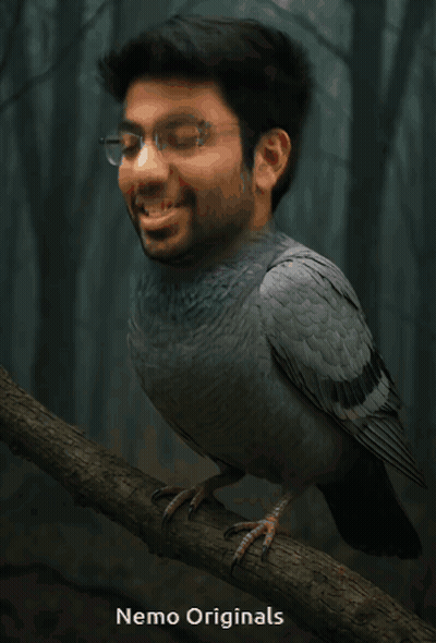 A Picture Of A Man With A Pigeon 'S Head And The Words Nemo Originals On The Bottom GIF