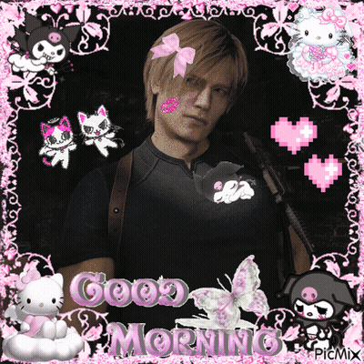A Picture Of A Man With A Pink Bow On His Head And The Words Good Morning GIF