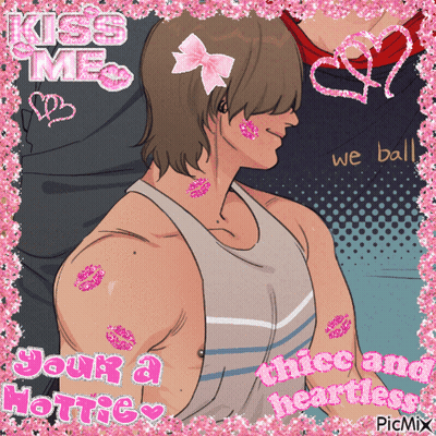 A Picture Of A Man With A Pink Bow On His Head And The Words " Kiss Me Your A Hottie " GIF
