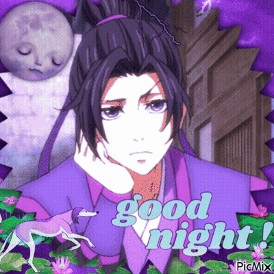 A Picture Of A Man With A Ponytail And The Words Good Night On It GIF