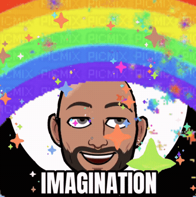 A Picture Of A Man With A Rainbow Behind Him And The Words Imagination On The Bottom GIF