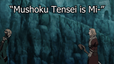 A Picture Of A Man With A Scarf Around His Neck And The Words " Mushoku Tensei Is Mi " GIF