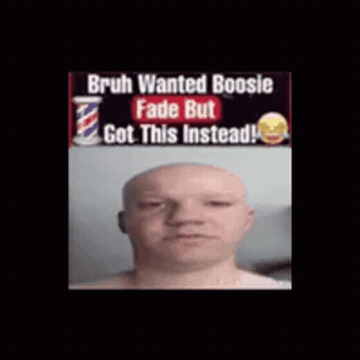 A Picture Of A Man With A Shaved Head And A Barber Pole In The Background GIF