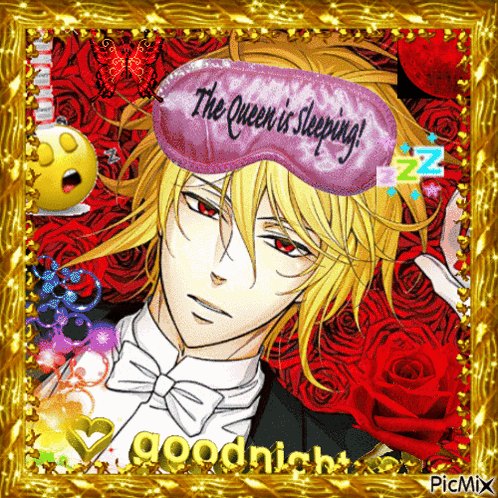 A Picture Of A Man With A Sleep Mask That Says " The Queen Is Sleeping " GIF