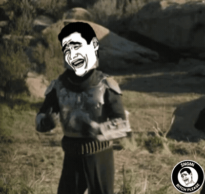 A Picture Of A Man With A Sngmi Bitch Please Logo On The Bottom GIF