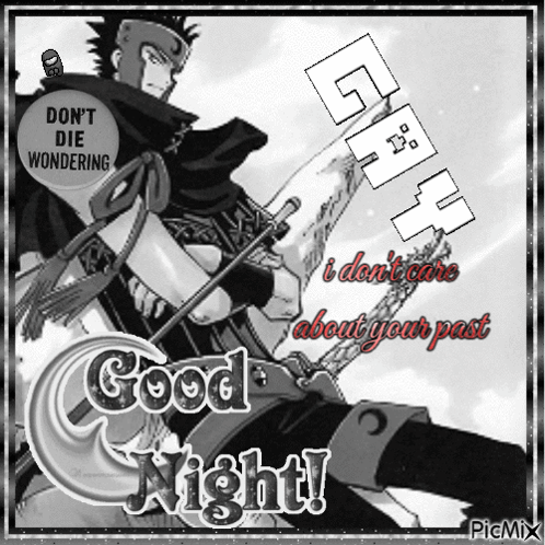 A Picture Of A Man With A Sword And The Words Good Night On It GIF