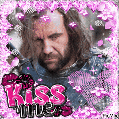 A Picture Of A Man With A Sword And The Words Kiss Me In Pink Letters GIF