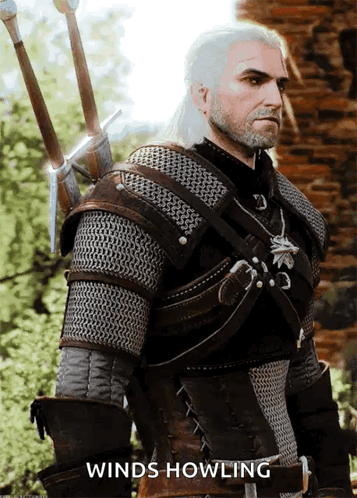 A Picture Of A Man With A Sword And The Words " Winds Howling " Below Him GIF