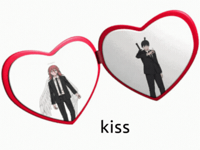 A Picture Of A Man With A Sword In A Heart Shaped Mirror With The Word Kiss Below It GIF