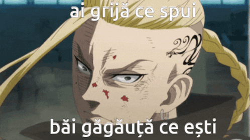 A Picture Of A Man With A Tattoo On His Forehead And The Words Ai Grija Ce Spui GIF