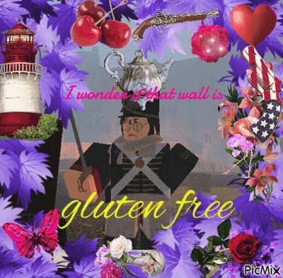 A Picture Of A Man With A Teapot On His Head And The Words Gluten Free On The Bottom GIF