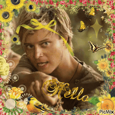 A Picture Of A Man With A Yellow Ribbon Around His Head Has The Word Hello Written On It GIF