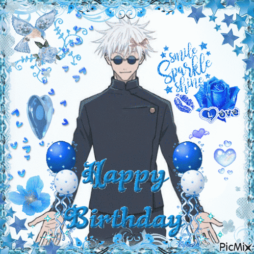 A Picture Of A Man With Balloons And The Words " Happy Birthday " GIF