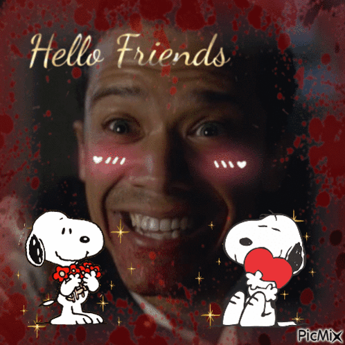 A Picture Of A Man With Blood On His Face And Snoopy Holding A Heart GIF