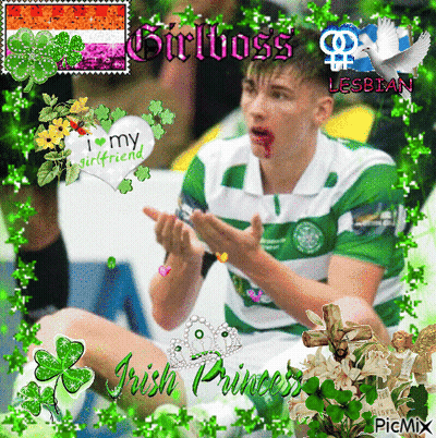 A Picture Of A Man With Blood On His Face With The Words Girlboss Lesbian Irish Princess On The Bottom GIF