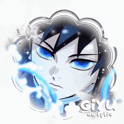 A Picture Of A Man With Blue Eyes And The Name Giyu GIF