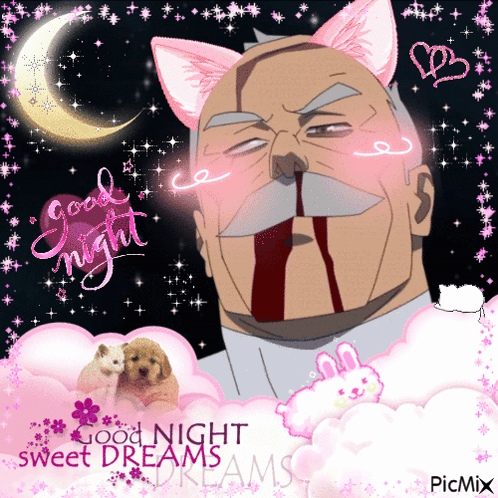 A Picture Of A Man With Cat Ears And The Words Good Night Sweet Dreams Written On It GIF