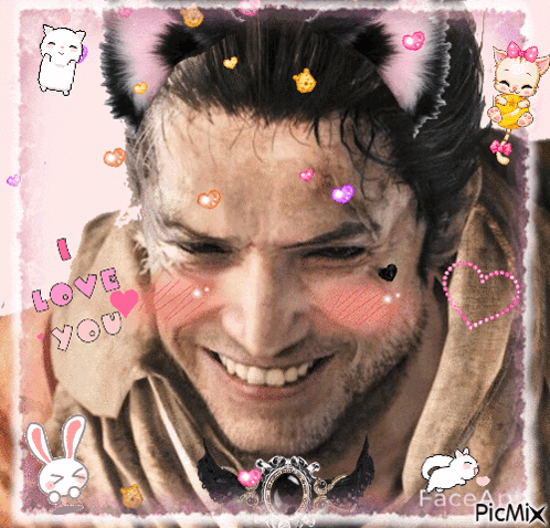 A Picture Of A Man With Cat Ears And The Words I Love You On His Face GIF
