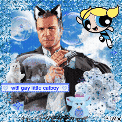 A Picture Of A Man With Cat Ears Holding A Gun With The Words Wtf Gay Little Catboy In The Corner GIF