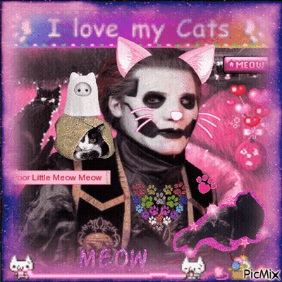 A Picture Of A Man With Cat Ears That Says I Love My Cats On It GIF