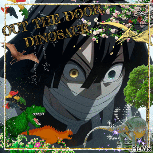 A Picture Of A Man With Dinosaurs Around Him And The Words Out The Door Dinosaurs GIF