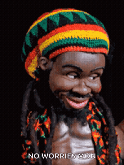 A Picture Of A Man With Dreadlocks And A Hat That Says " No Worries Mon " On It GIF