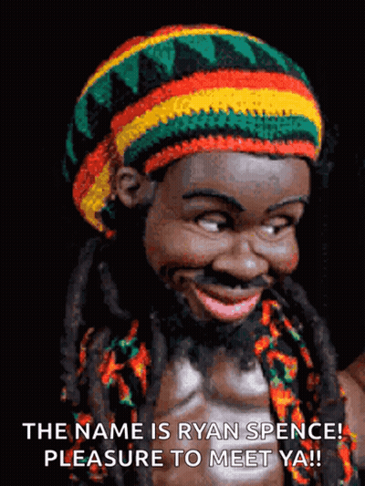 A Picture Of A Man With Dreadlocks And A Hat That Says " The Name Is Ryan Spence Pleasure To Meet Ya " GIF